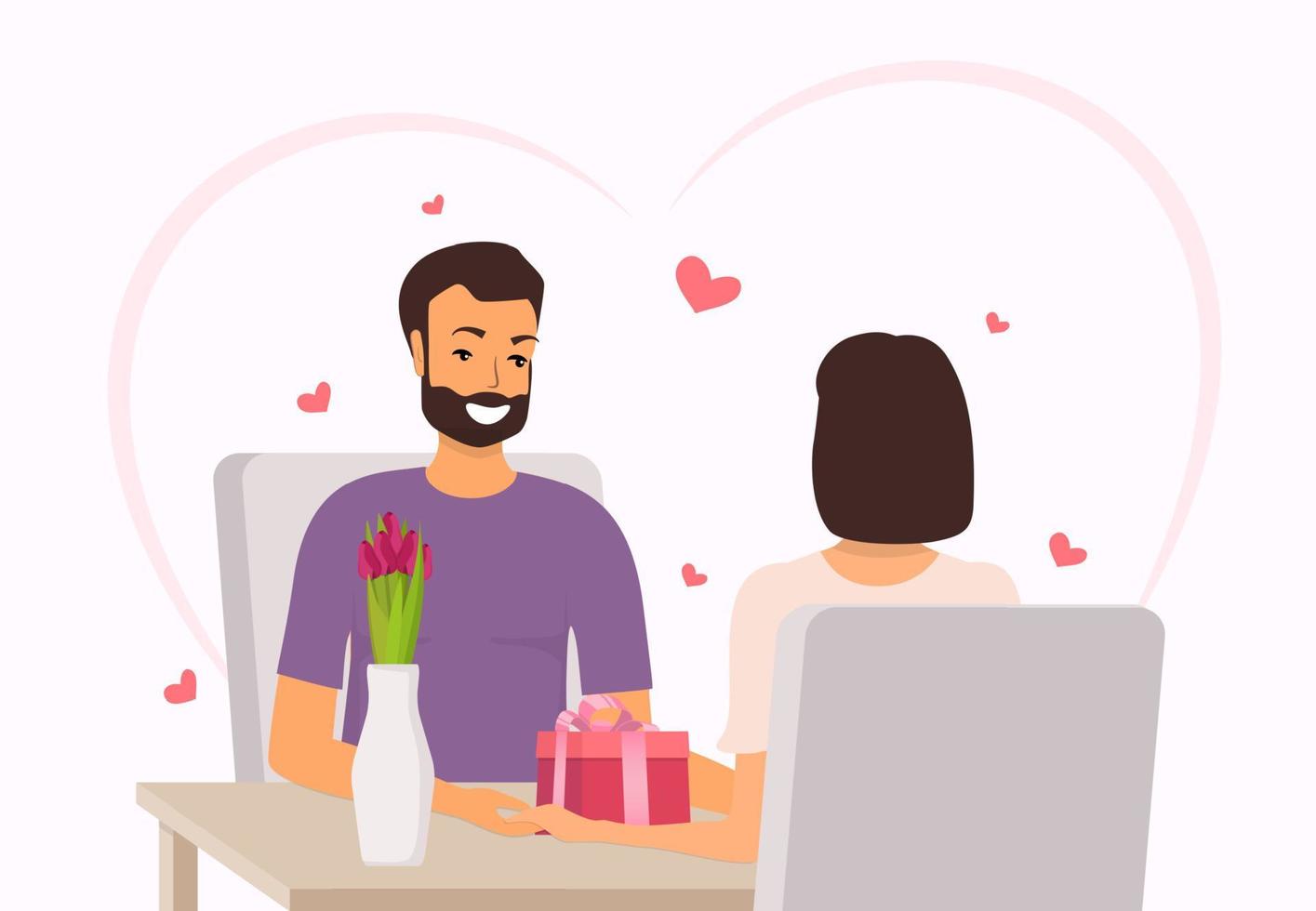 couple heureux assis à la table du restaurant. l'homme donne à la femme un cadeau et des fleurs pour la saint valentin. couple heureux amoureux le jour de la saint-valentin. illustration vectorielle dans un style plat. vecteur