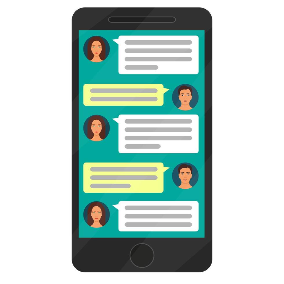 dialogue hommes et femmes dans le messager sur l'écran du smartphone. smartphone moderne avec fenêtre d'application de messagerie. chat et messagerie. illustration vectorielle. vecteur