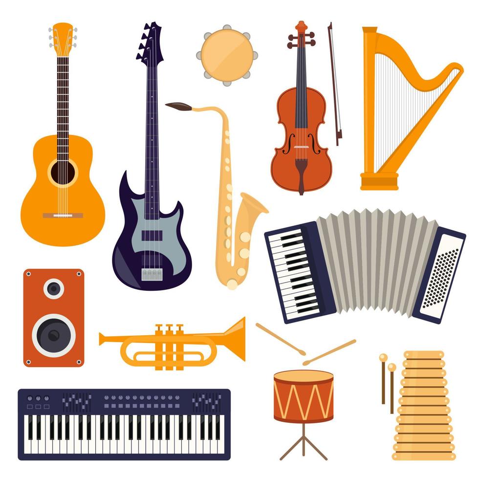 instruments de musique design plat, ensemble d'icônes. guitare, synthétiseur, violon, violoncelle, batterie, cymbales, saxophone, accordéon, tambourin, trompette, harpe, haut-parleur. vecteur