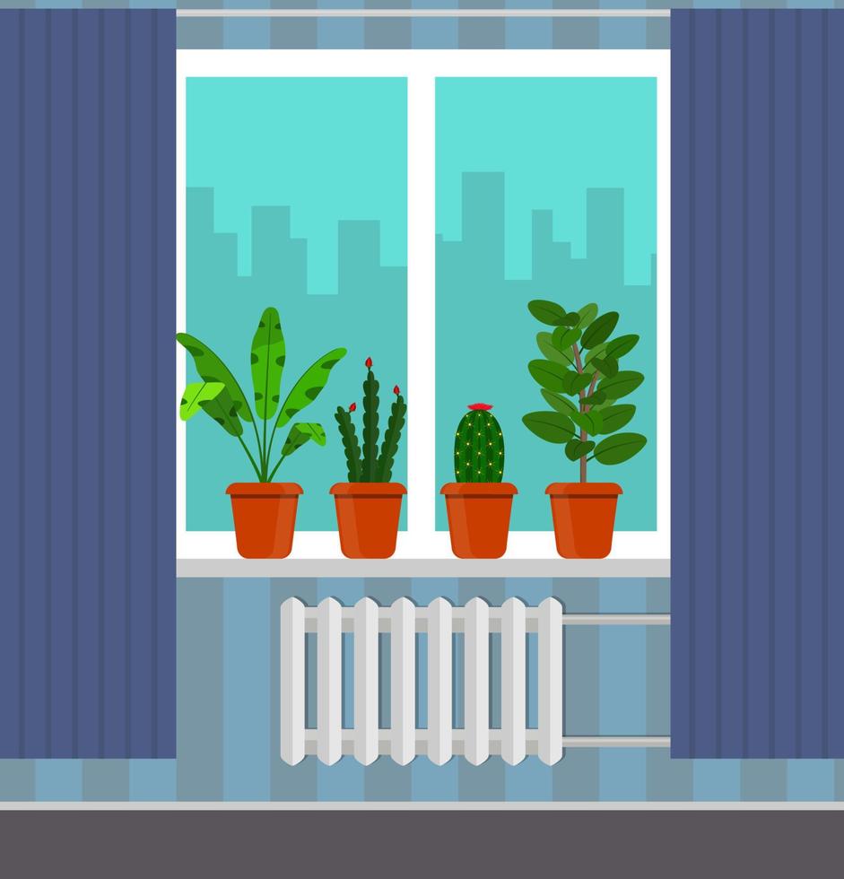 grande fenêtre avec rideau et plantes en pots sur le rebord de la fenêtre. ville à l'extérieur de la fenêtre. illustration vectorielle dans un style plat. vecteur