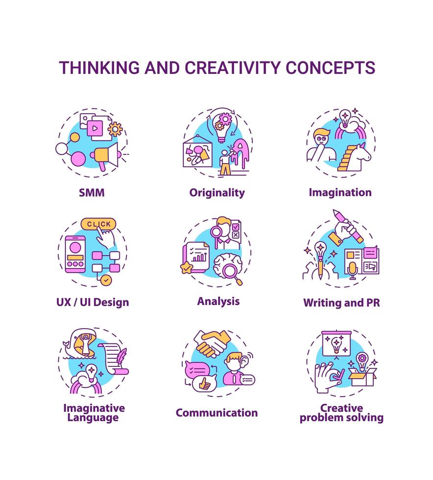 jeu d & # 39; icônes de concept de pensée et de créativité vecteur