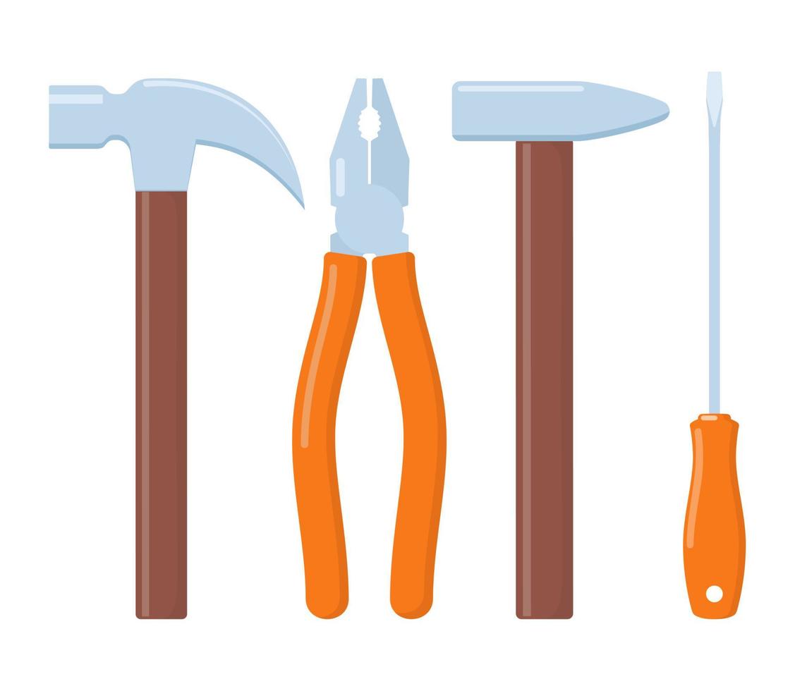 ensemble d'outils de travail. jeu d'icônes d'outils de réparation et de construction. marteau, pince, lime, tournevis, clé. illustration plate de vecteur. vecteur