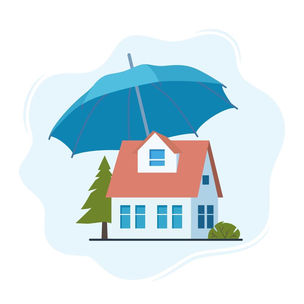 notion d'assurance habitation. protection de l'immobilier, maison de dessin animé plate protégée sous parapluie, sécurité à domicile, sécurité. illustration vectorielle. vecteur
