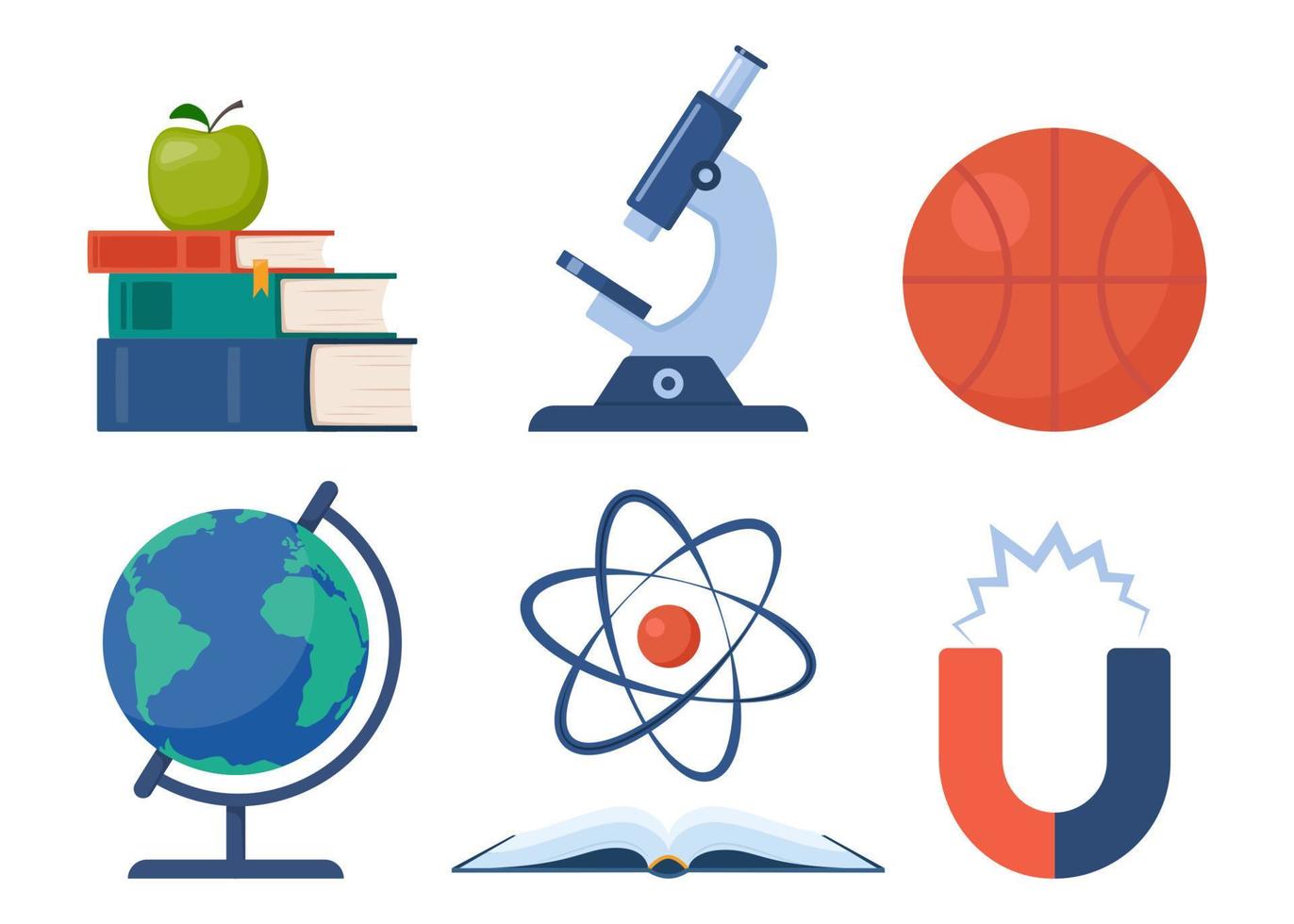 icônes de l'école, de la science et de l'éducation. microscope, atome, livres, aimant, globe, basket-ball. retour à l'école. illustration vectorielle. vecteur