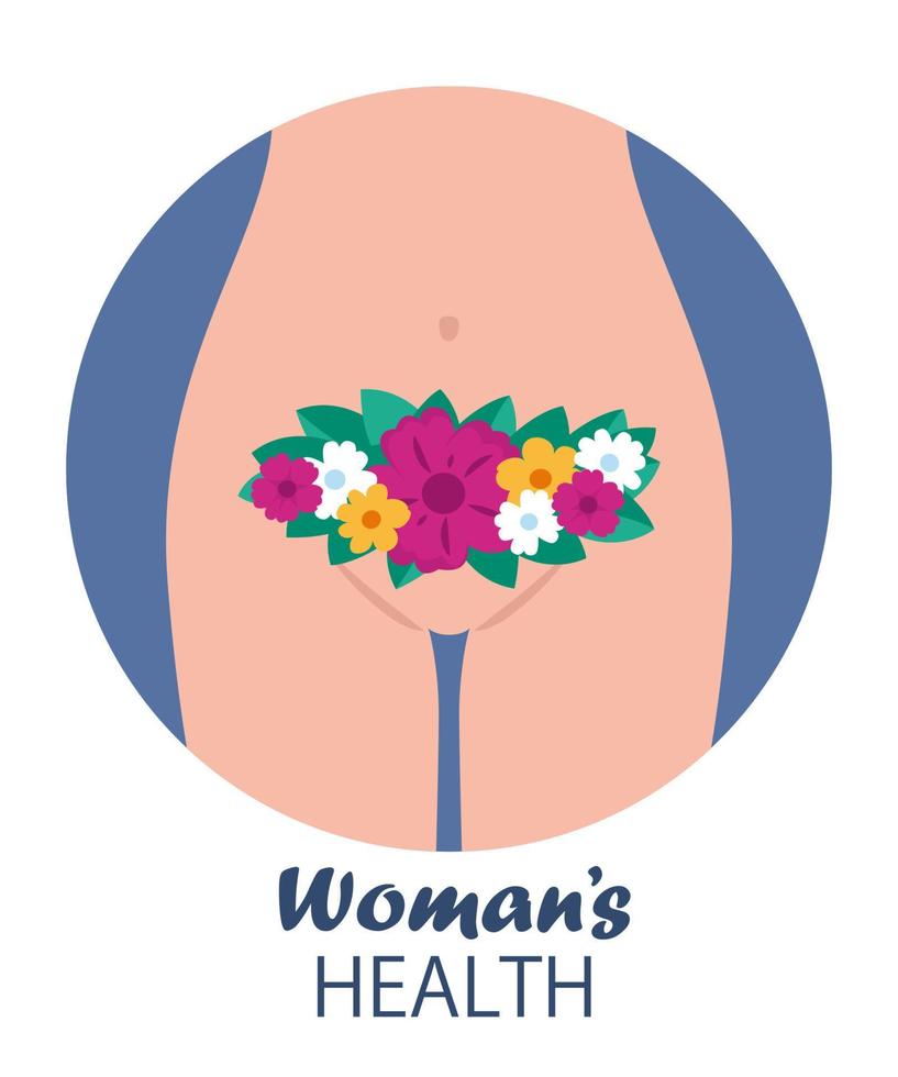 le concept de la santé des femmes avec un corps féminin, une aine féminine, un utérus et des fleurs dans la région pelvienne. illustration vectorielle. vecteur