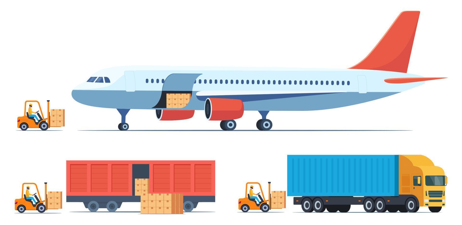 charger des caisses avec des marchandises dans différents types de transport de marchandises. l'avion cargo, le train, le camion et le chariot élévateur y chargent des marchandises. fret et livraison, logistique et trafic de fret, illustration vectorielle. vecteur