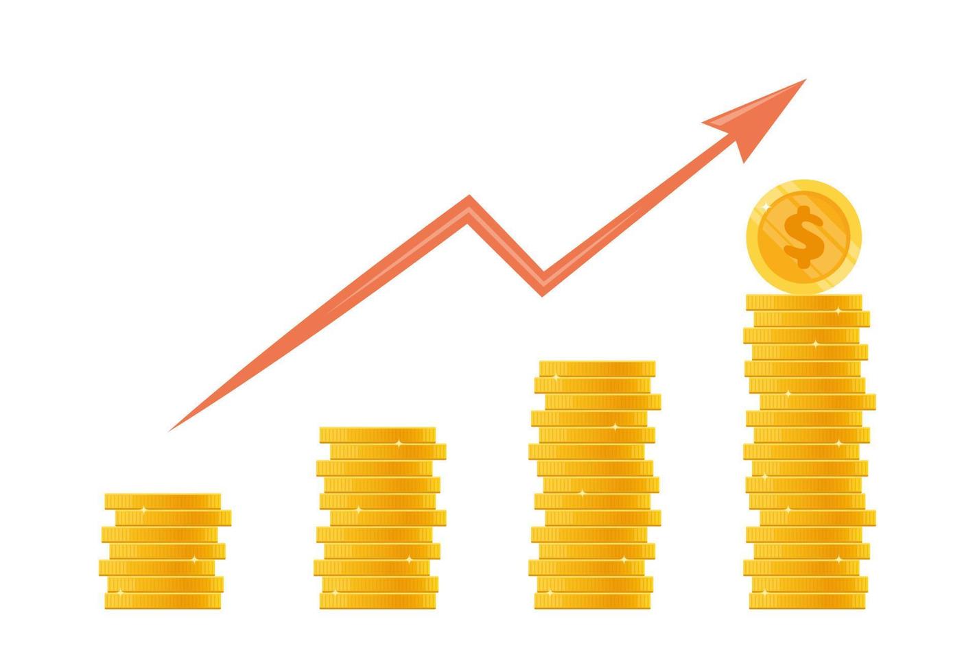 pile de pièces d'or, concept de revenu ou de profit. tas d'argent et flèche pointant vers le haut. croissance financière, économiser de l'argent, concept d'investissement. tas de pièces brillantes d'or avec le signe dollar. vecteur. vecteur