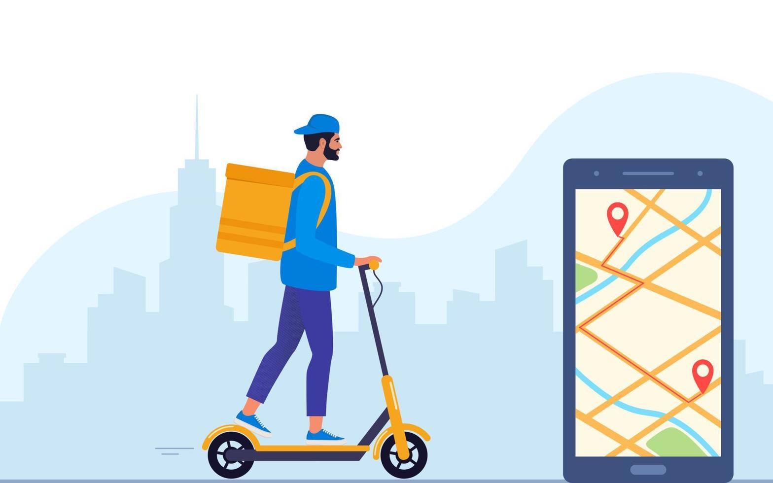 concept de service de livraison et application pour le suivi des commandes en ligne, la livraison de nourriture. homme courrier équitation scooter électrique avec boîte de produit d'emballage jaune. illustration vectorielle pour site Web, application mobile. vecteur