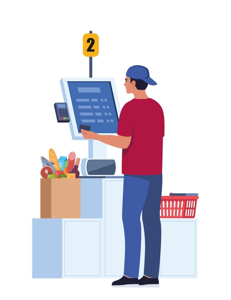 personnage d'homme dans un stand de supermarché à la caisse en libre-service avec terminal pos pour payer sans numéraire pour les achats d'épicerie. paiement sans contact, technologies contemporaines. illustration vectorielle. vecteur