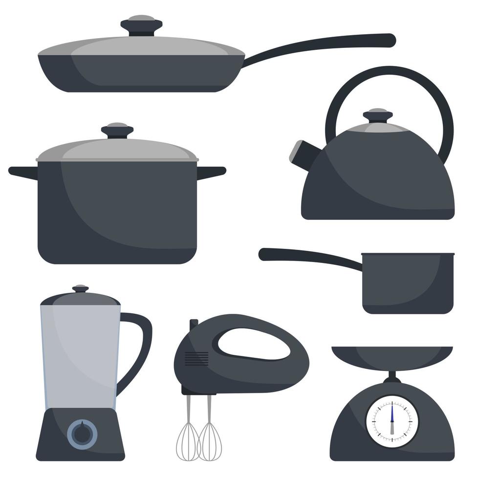 ustensiles de cuisine, ensemble. poêle à frire, casserole, bouilloire, mixeur, mixeur, balance. illustration plate de vecteur. vecteur