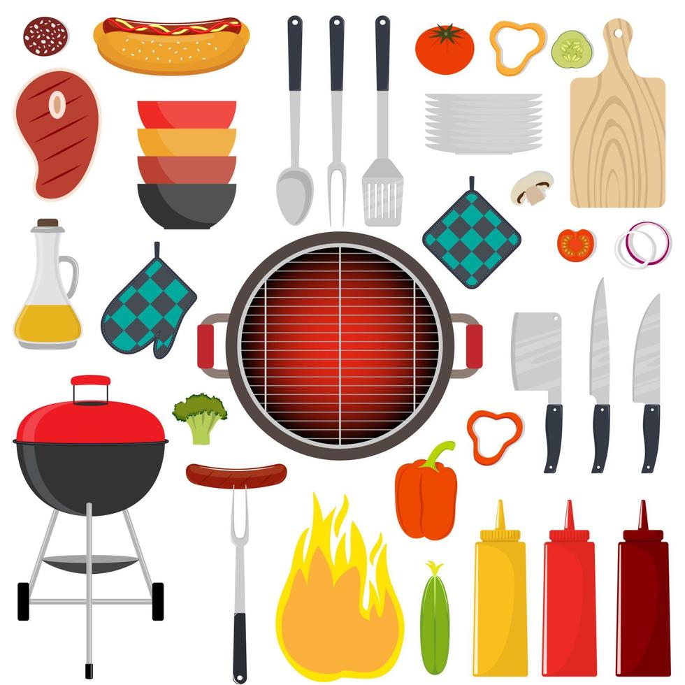 outils et nourriture de barbecue. viande grillée, steak, saucisse, légumes. illustration vectorielle dans un style plat. vecteur