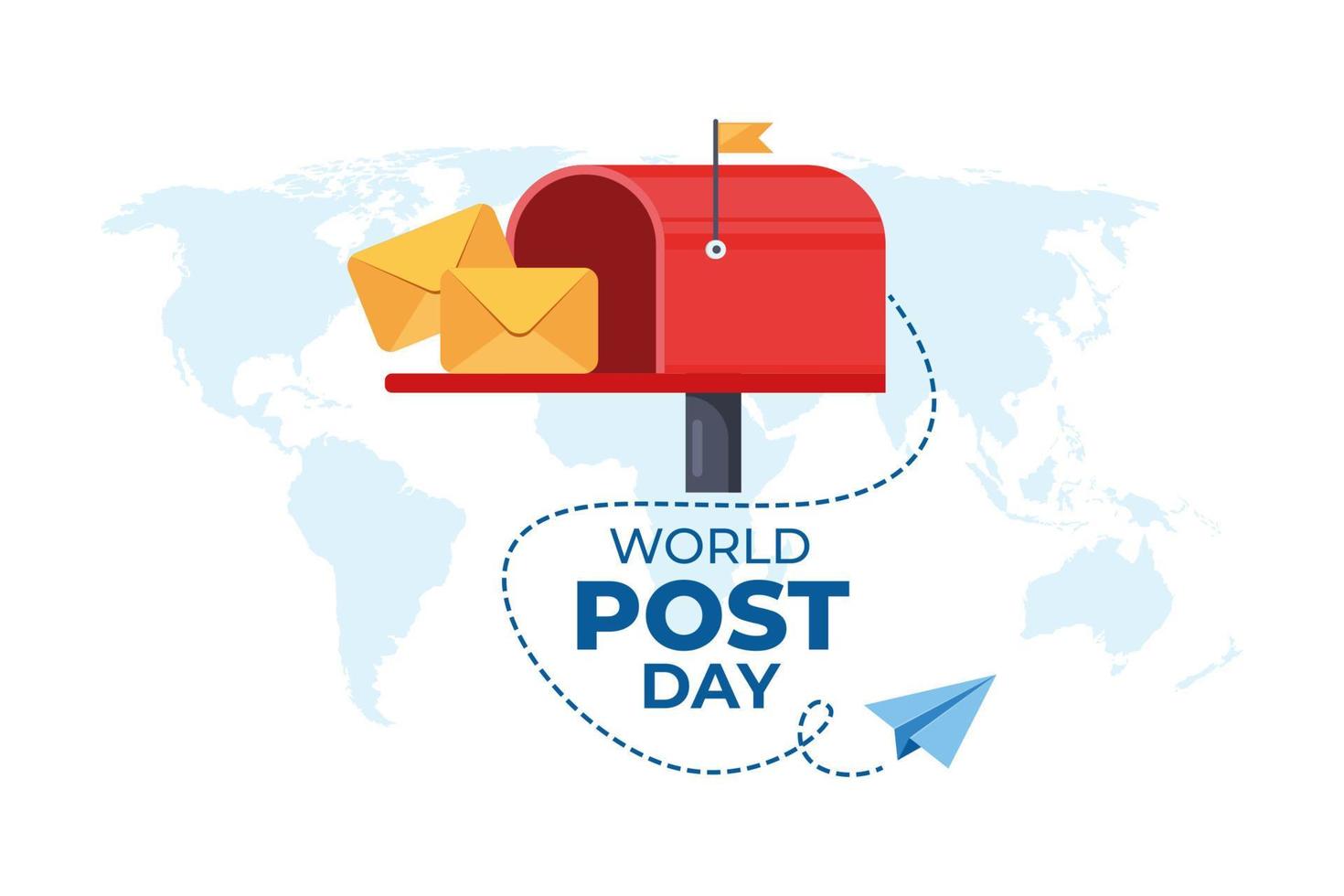 journée mondiale de la poste avec papier de courrier volant sur le monde avec fond de carte du monde. boîte aux lettres rouge avec enveloppe. illustration vectorielle. vecteur