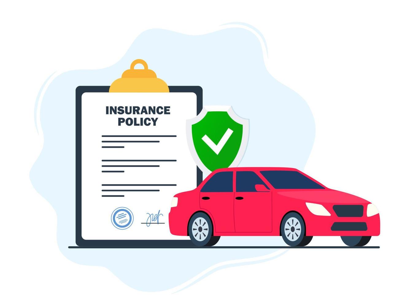 notion d'assurance automobile. police d'assurance sur le presse-papiers et la voiture. rapport de document avec bouclier et automobile. illustration vectorielle. vecteur