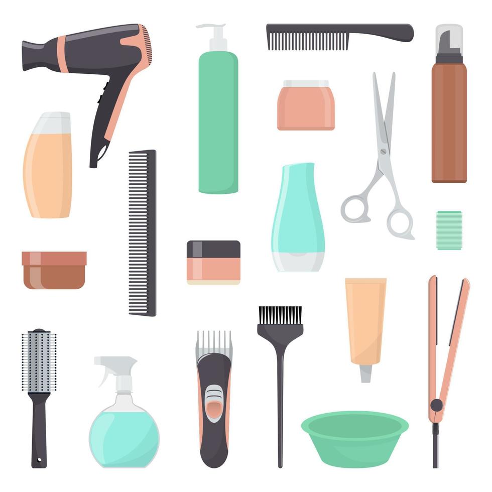 outils et produits cosmétiques pour le soin des cheveux. outils de coiffure professionnels. un ensemble d'éléments pour un salon de beauté. illustration vectorielle dans un style plat. vecteur