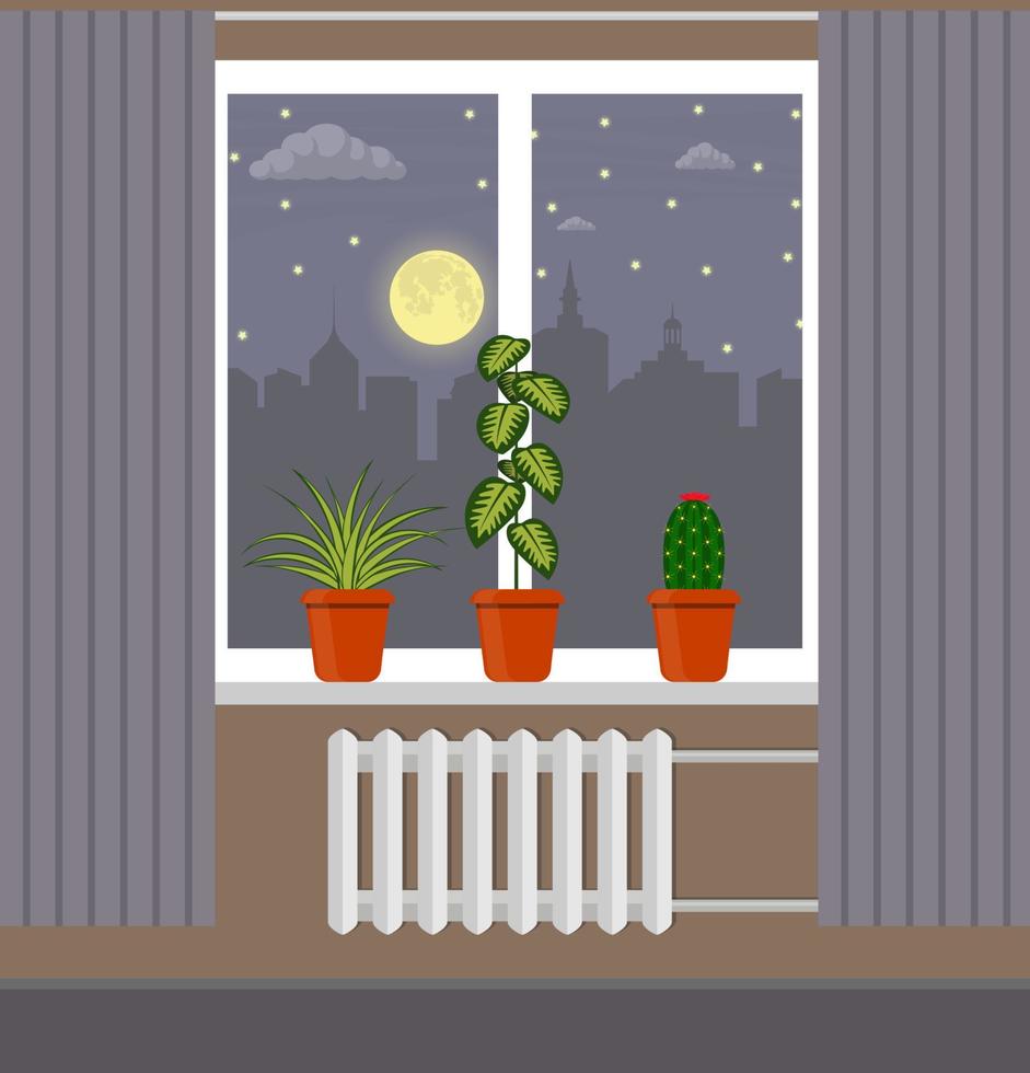 grande fenêtre avec rideau et plantes en pots sur le rebord de la fenêtre. ville de nuit, lune, nuages et étoiles à l'extérieur de la fenêtre. illustration vectorielle dans un style plat. vecteur