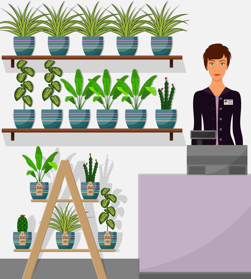 intérieur de magasin de fleurs. vendeuse derrière le comptoir, plantes d'intérieur sur des étagères. chlorophytum, dieffenbachia, cactus. illustration vectorielle dans un style plat. vecteur