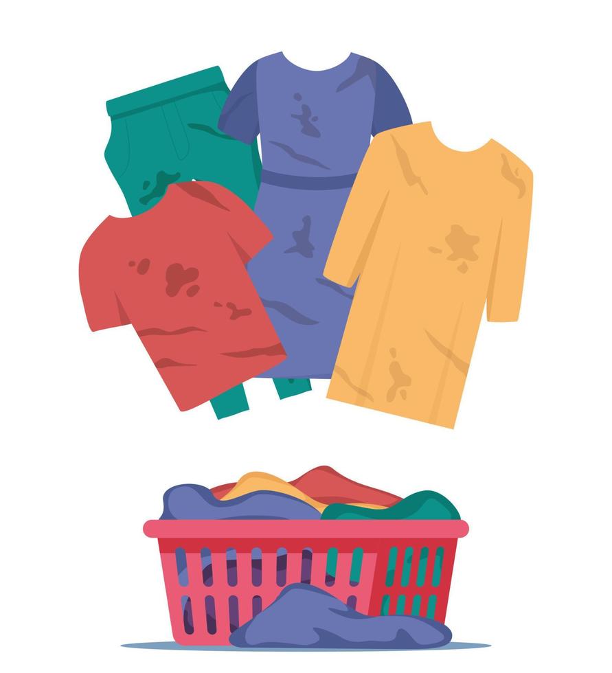 vêtements sales avec des taches. tas de vêtements avec des taches dans le panier, différents t-shirts en coton, robes, pantalons, chemisiers. illustration vectorielle. vecteur