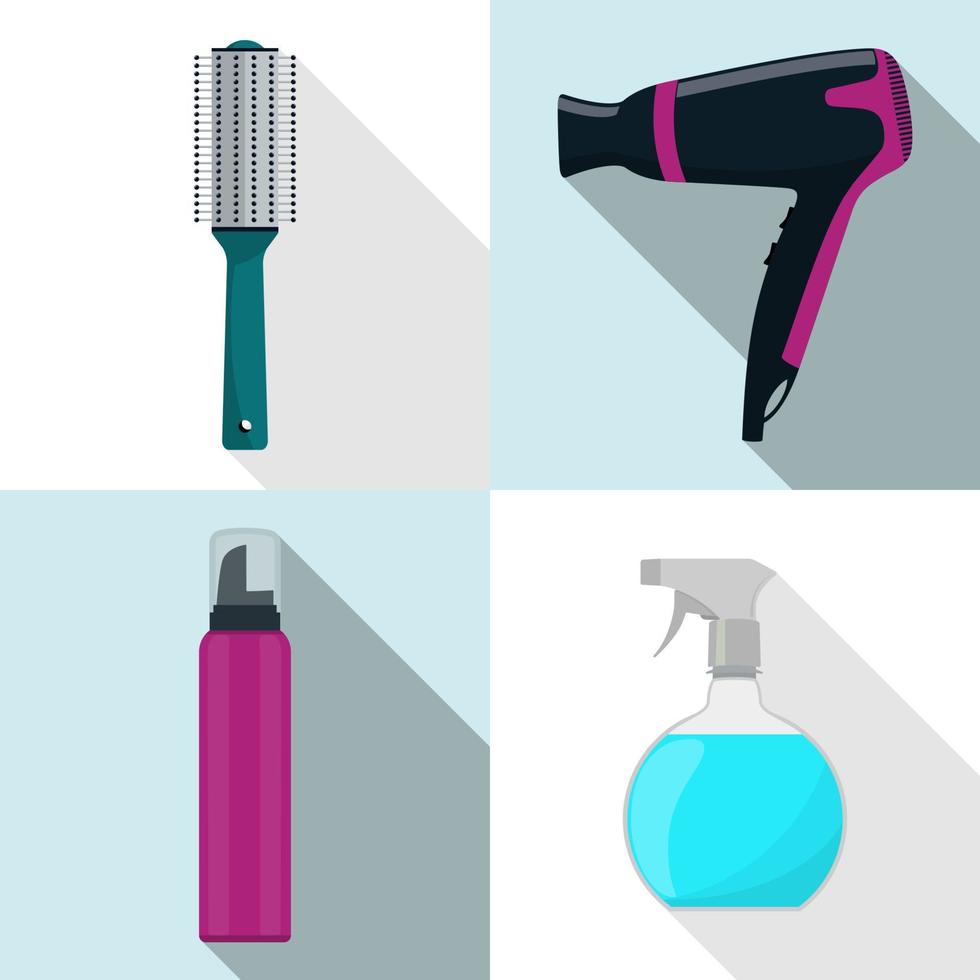 icônes d'outil de coiffeur, ensemble. sèche-cheveux, brosse à cheveux, spray, mousse. symboles de coiffeur de profession avec de longues ombres. illustration vectorielle, plat. vecteur