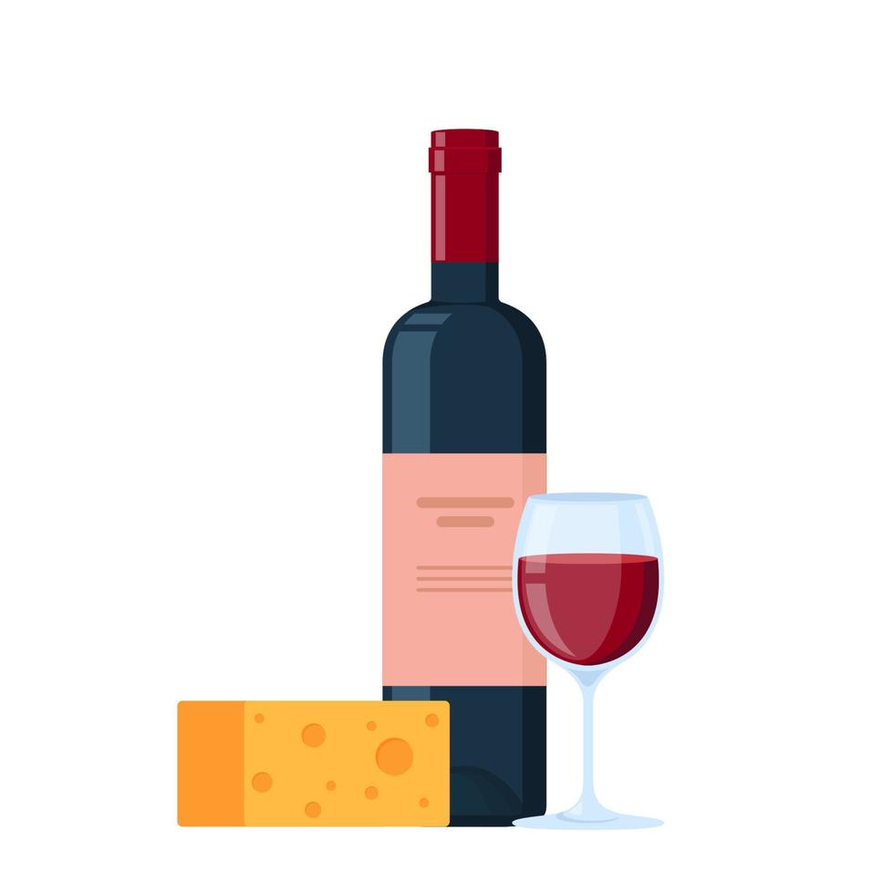 délicieux vin rouge avec du fromage traditionnel. verre de vin plein, bouteille de vin. illustration vectorielle plane. vecteur