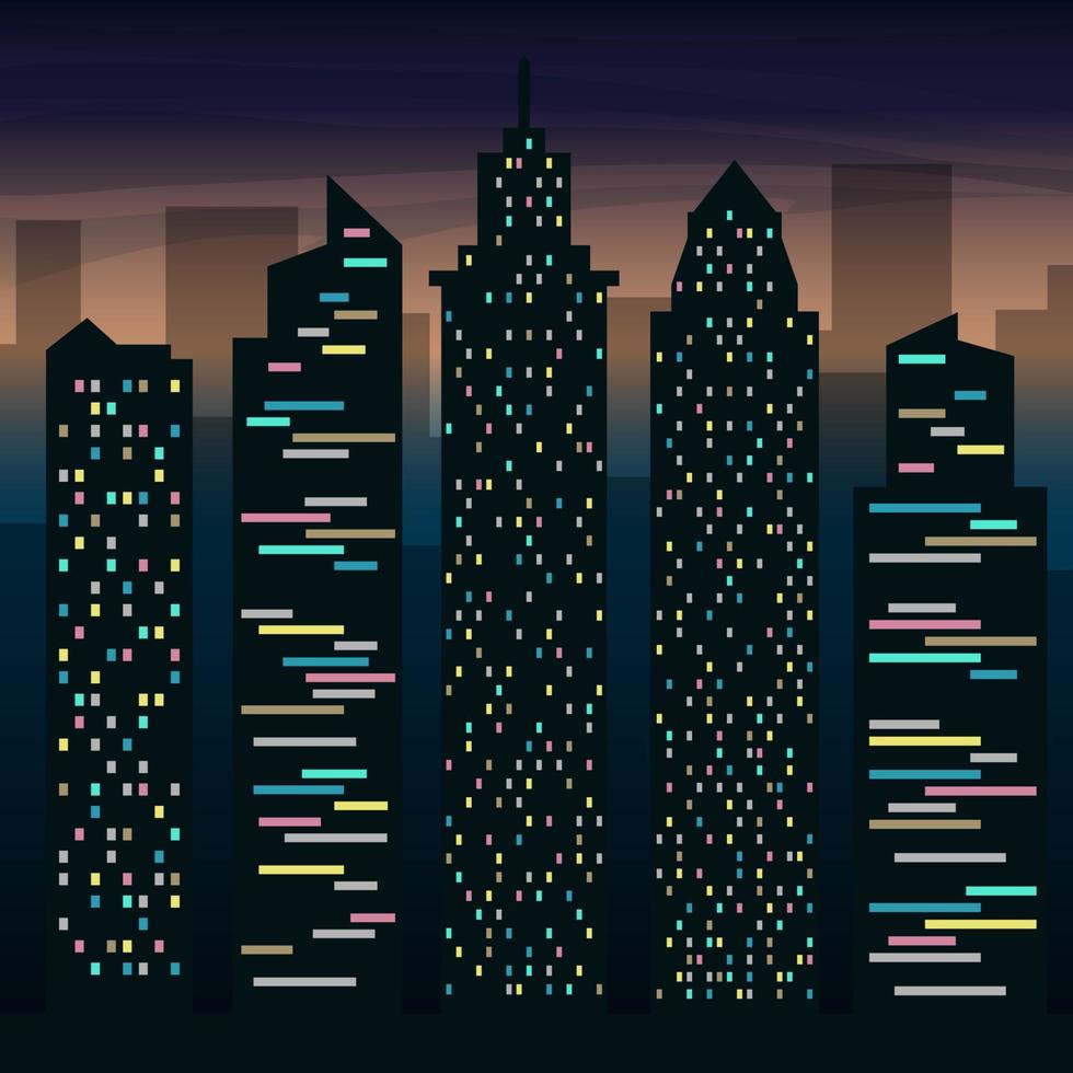 les gratte-ciel de la grande ville la nuit. paysage de la ville de nuit. illustration plate de vecteur. vecteur