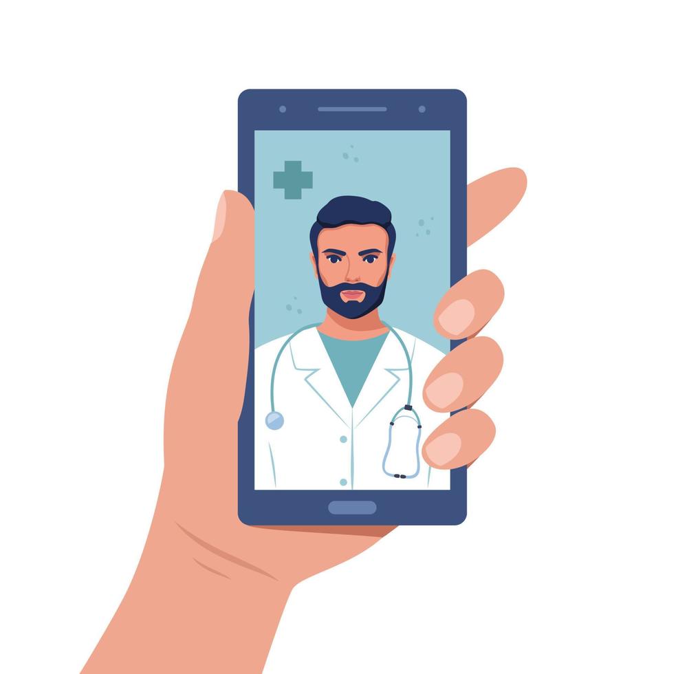 écran de smartphone avec thérapeute masculin. discuter dans Messenger avec un médecin. consultations en ligne. service de conseil ou de consultation médicale en ligne, télémédecine, cardiologie. illustration vectorielle. vecteur