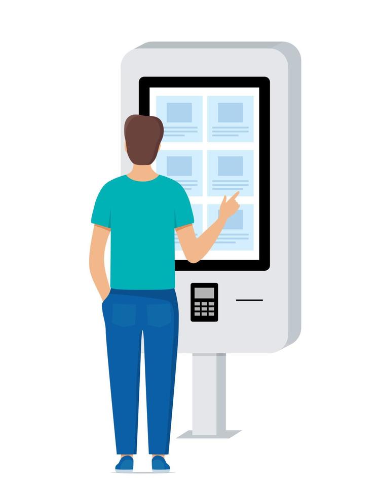 homme utilisant un terminal électronique de paiement et d'information en libre-service avec écran tactile. illustration vectorielle dans un style plat. vecteur