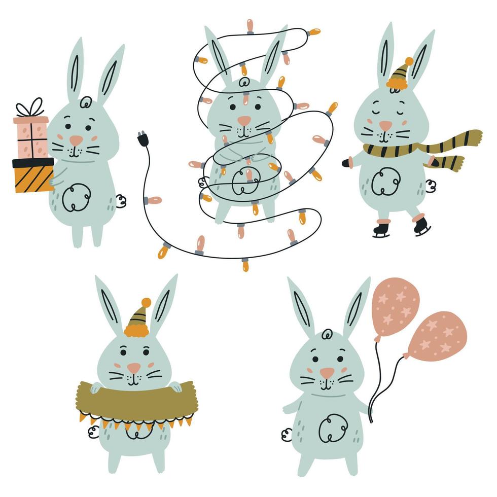 ensemble de personnages de lapin mignons. doodle collection lapin animal heureux avec des vacances heureuses modernes minimalistes. illustration vectorielle plane vecteur