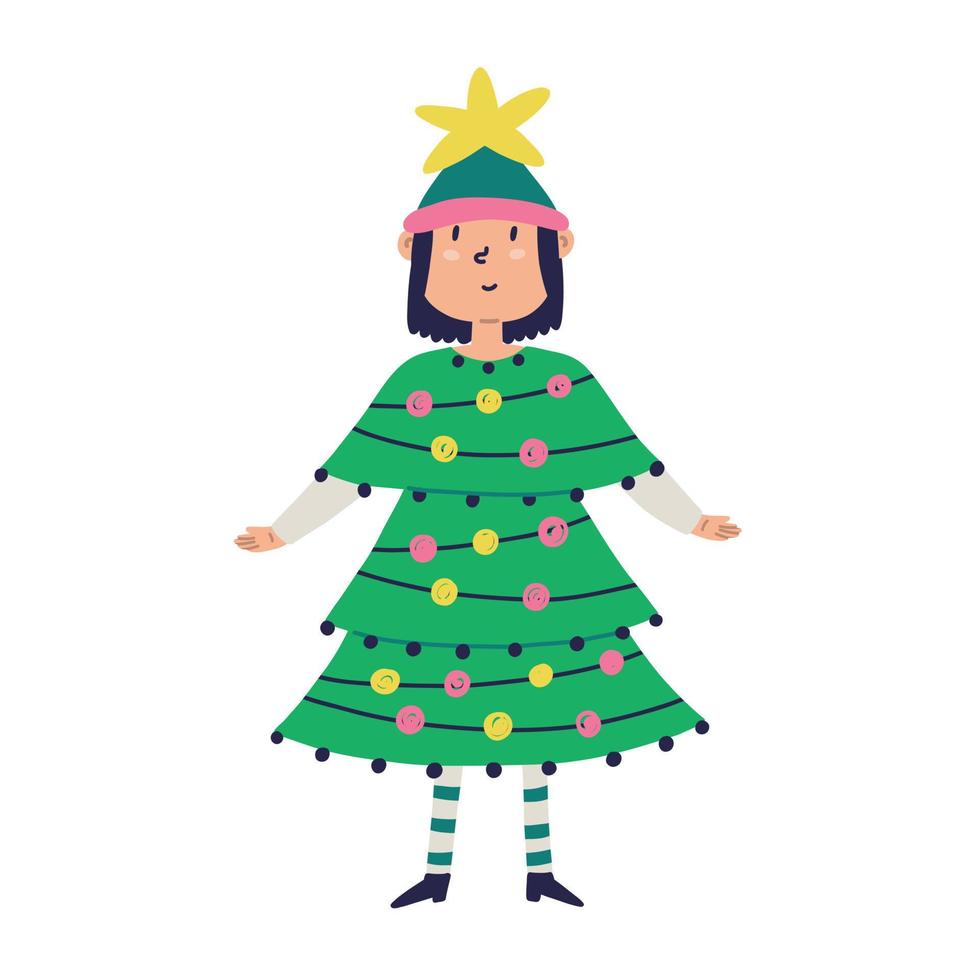 fille en robe de sapin de noël moche. clipart vectoriel sur fond isolé