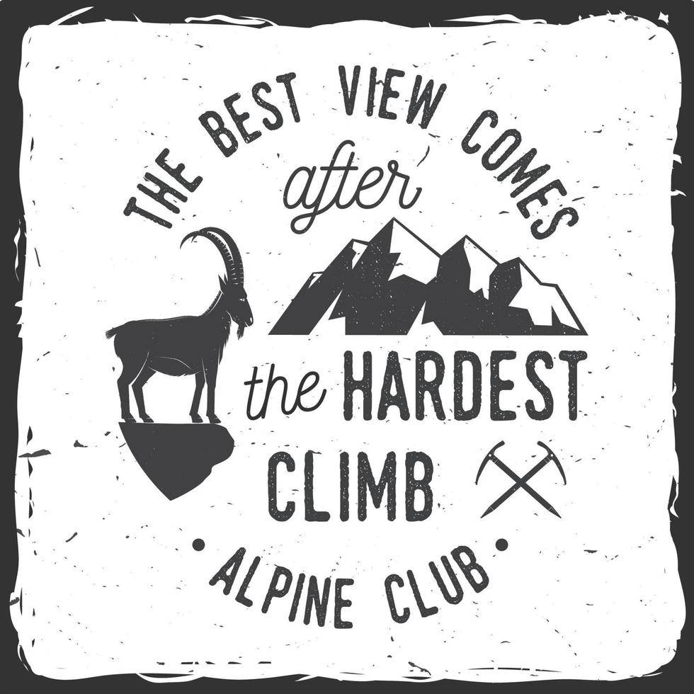conception de typographie vintage avec piolet, chèvre d'escalade et silhouette de montagne. vecteur