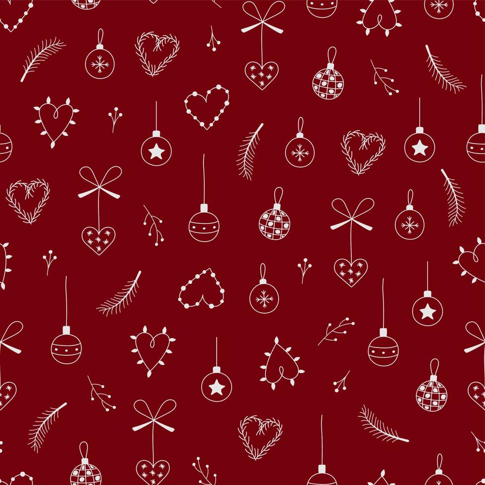 noël, nouvel an doodle modèle sans couture. fond rouge avec des boules de noël, des branches d'arbres de noël, des coeurs. impression de vacances vectorielles pour papier, emballage, tissu, textile vecteur