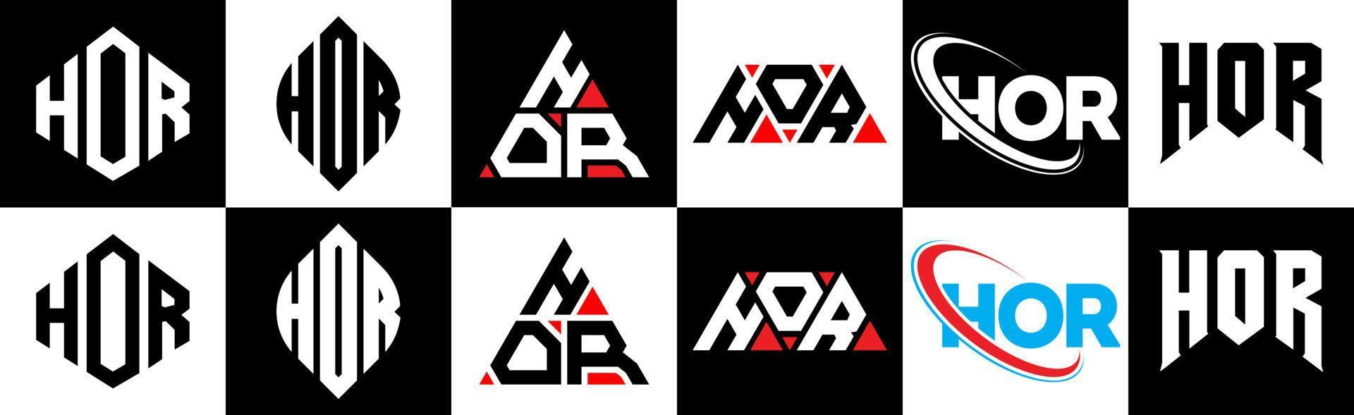 création de logo de lettre hor en six styles. hor polygone, cercle, triangle, hexagone, style plat et simple avec logo de lettre de variation de couleur noir et blanc dans un plan de travail. hor logo minimaliste et classique vecteur