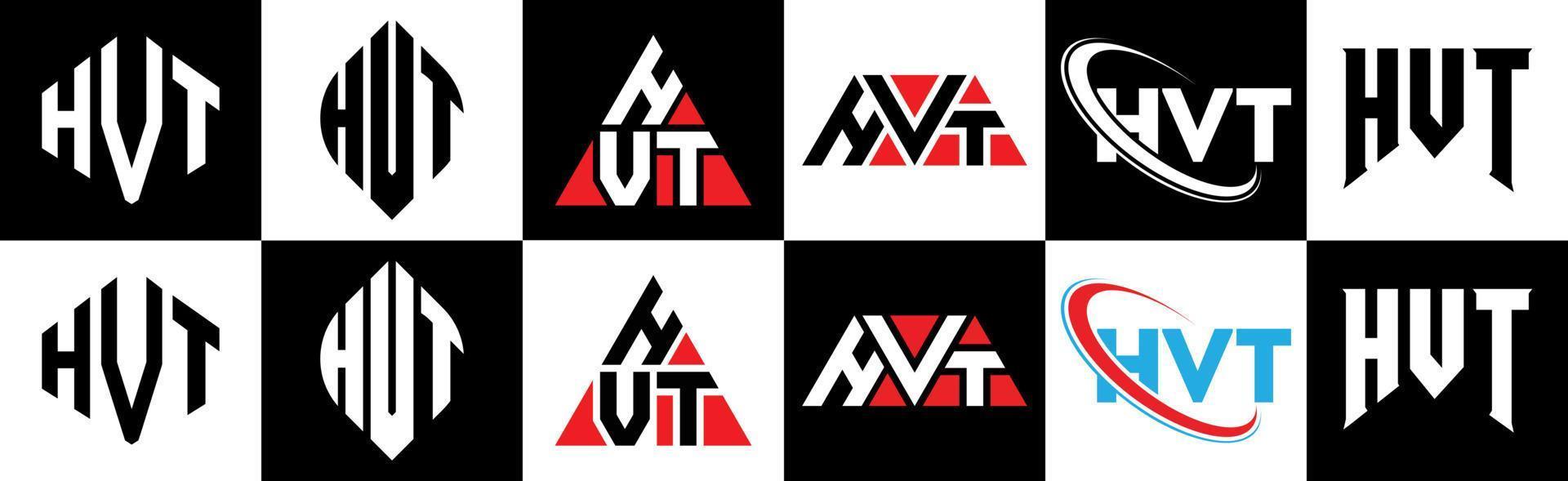 création de logo de lettre hvt en six styles. polygone hvt, cercle, triangle, hexagone, style plat et simple avec logo de lettre de variation de couleur noir et blanc dans un plan de travail. logo hvt minimaliste et classique vecteur