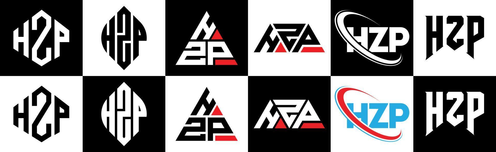 création de logo de lettre hzp en six styles. hzp polygone, cercle, triangle, hexagone, style plat et simple avec logo de lettre de variation de couleur noir et blanc dans un plan de travail. logo hzp minimaliste et classique vecteur