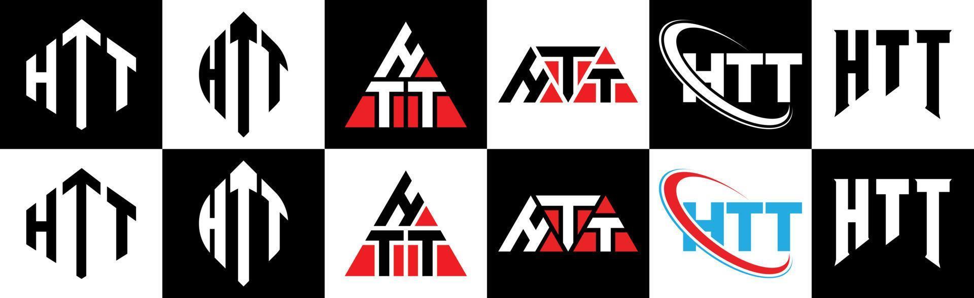 création de logo de lettre htt en six styles. htt polygone, cercle, triangle, hexagone, style plat et simple avec logo de lettre de variation de couleur noir et blanc dans un plan de travail. htt logo minimaliste et classique vecteur