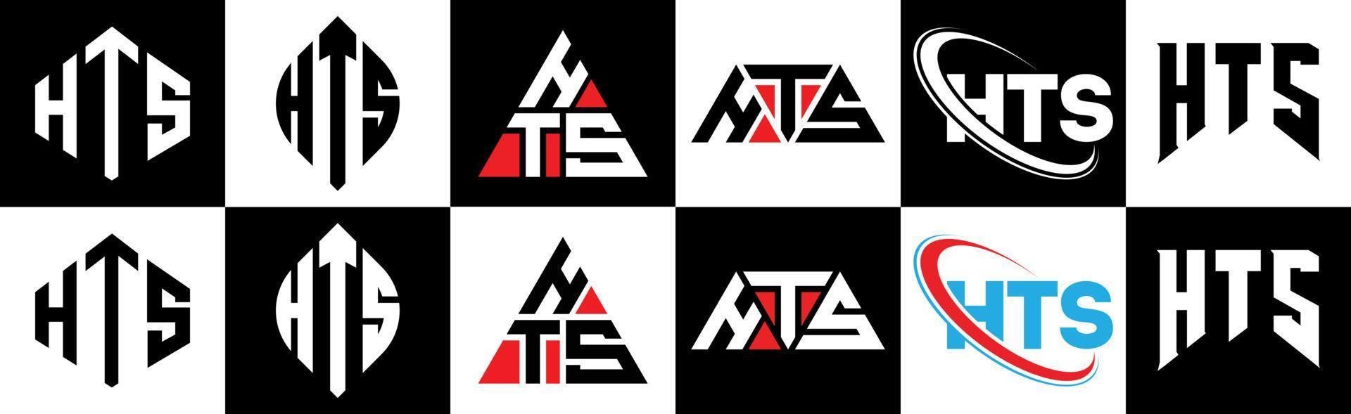 création de logo de lettre hts en six styles. hts polygone, cercle, triangle, hexagone, style plat et simple avec logo de lettre de variation de couleur noir et blanc dans un plan de travail. hts logo minimaliste et classique vecteur