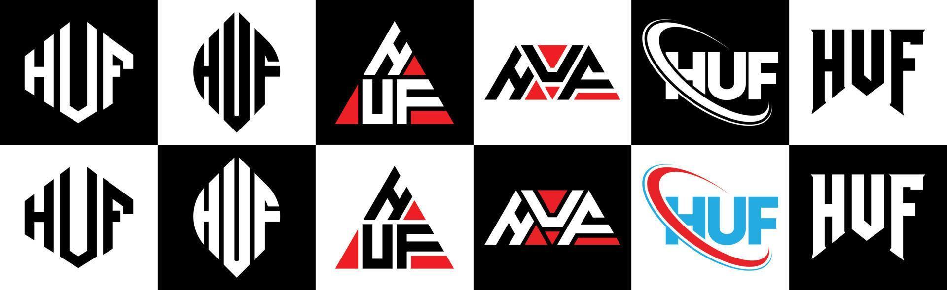 création de logo de lettre huf en six styles. huf polygone, cercle, triangle, hexagone, style plat et simple avec logo de lettre de variation de couleur noir et blanc dans un plan de travail. huf logo minimaliste et classique vecteur