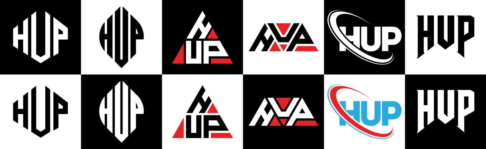 création de logo de lettre hup en six styles. hup polygone, cercle, triangle, hexagone, style plat et simple avec logo de lettre de variation de couleur noir et blanc dans un plan de travail. hop logo minimaliste et classique vecteur