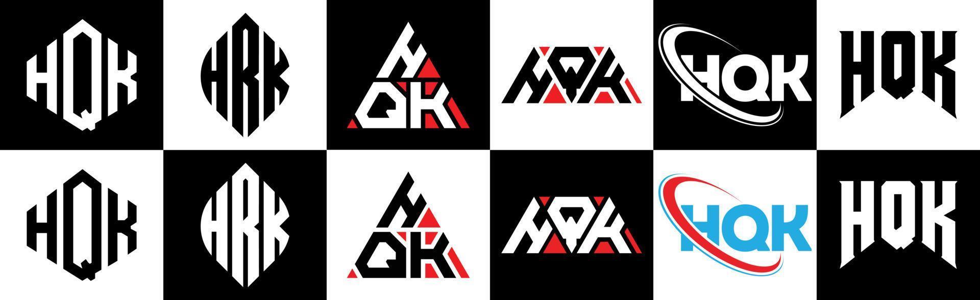 création de logo de lettre hqk en six styles. hqk polygone, cercle, triangle, hexagone, style plat et simple avec logo de lettre de variation de couleur noir et blanc dans un plan de travail. hqk logo minimaliste et classique vecteur