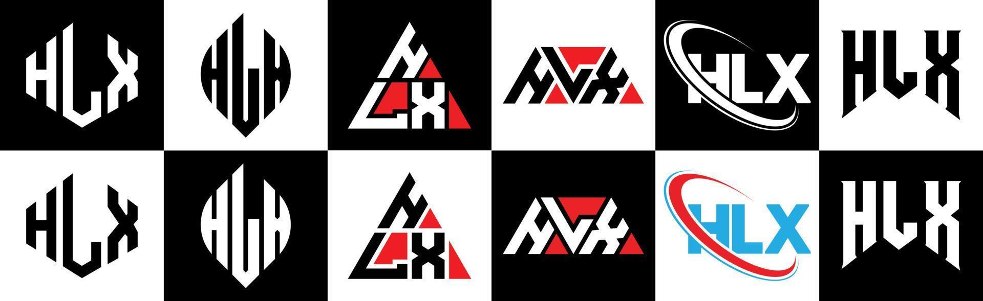 création de logo de lettre hlx en six styles. polygone hlx, cercle, triangle, hexagone, style plat et simple avec logo de lettre de variation de couleur noir et blanc dans un plan de travail. logo minimaliste et classique hlx vecteur