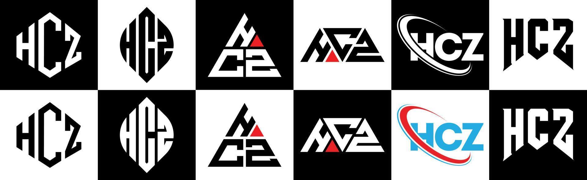 création de logo de lettre hcz en six styles. hcz polygone, cercle, triangle, hexagone, style plat et simple avec logo de lettre de variation de couleur noir et blanc dans un plan de travail. hcz logo minimaliste et classique vecteur