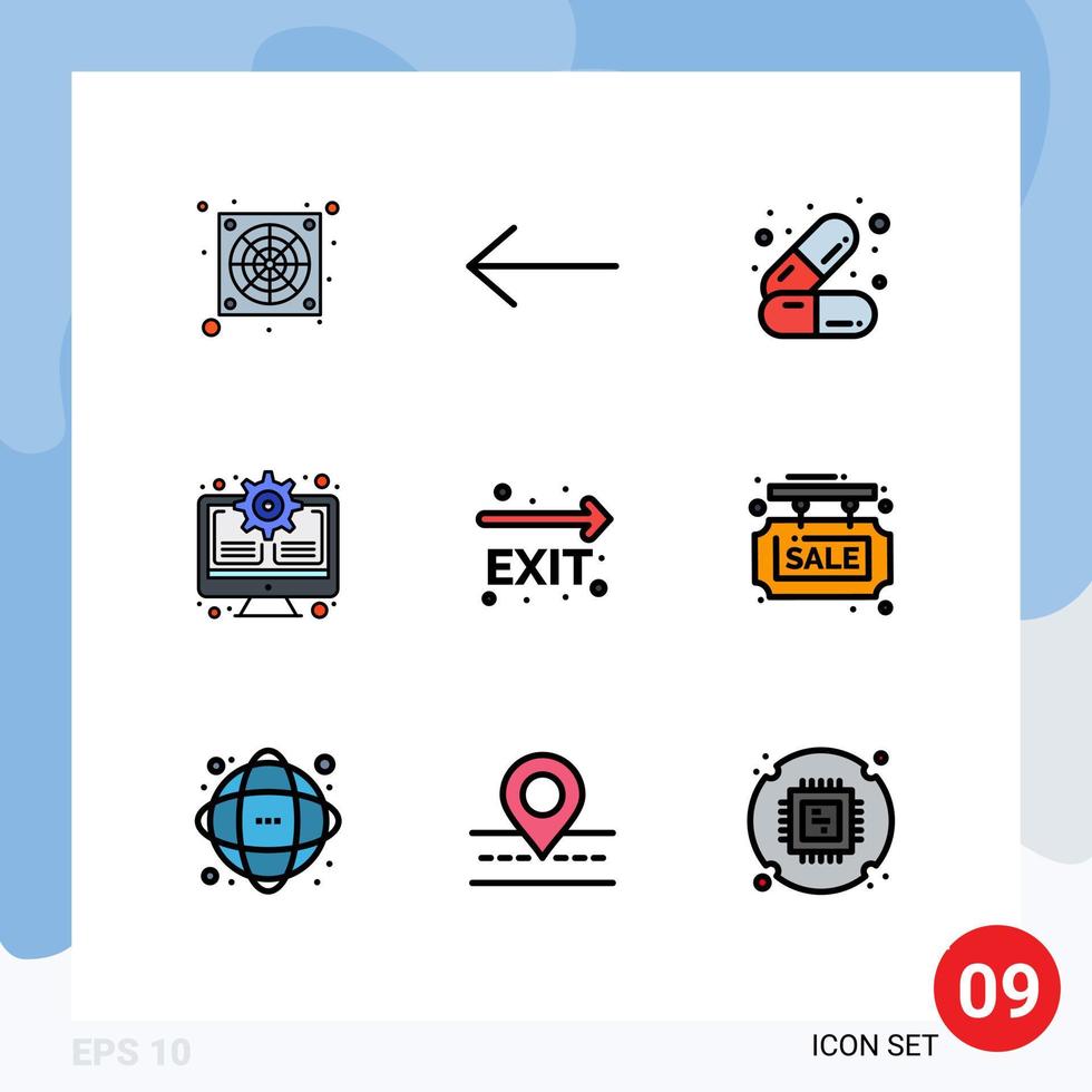 ensemble moderne de 9 couleurs et symboles plats remplis tels que des informations laisser des médicaments sortie d'incendie mettre à jour des éléments de conception vectoriels modifiables vecteur