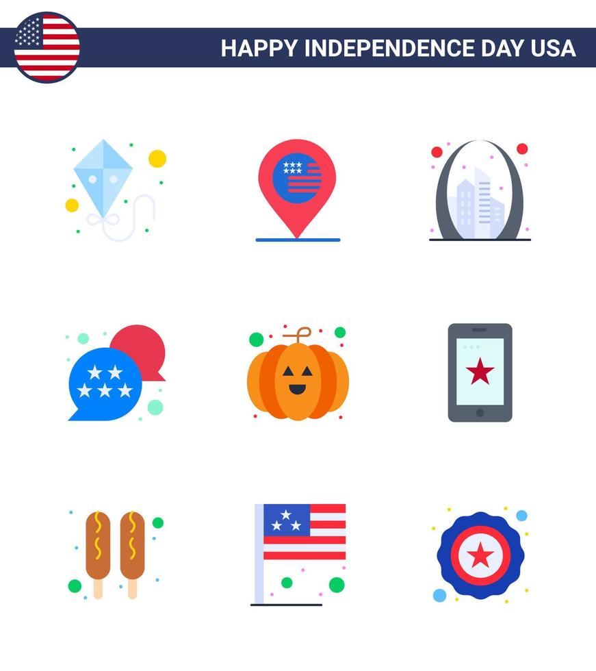 joyeux jour de l'indépendance 4 juillet ensemble de 9 appartements pictogramme américain de citrouille chat bulle bâtiment étoile drapeau modifiable usa jour vecteur éléments de conception