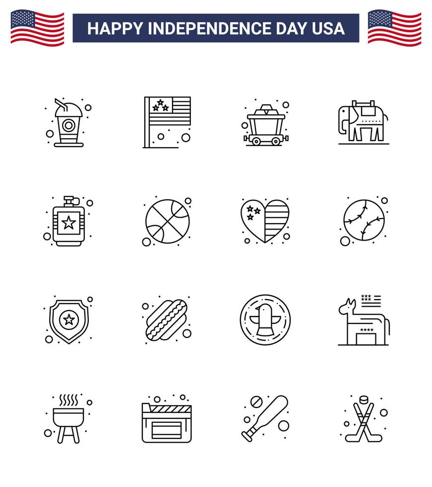 pack de 16 signes de lignes de célébration de la fête de l'indépendance des états-unis et symboles du 4 juillet tels que le panier de boissons hip alcoolique américain modifiable usa day vector design elements