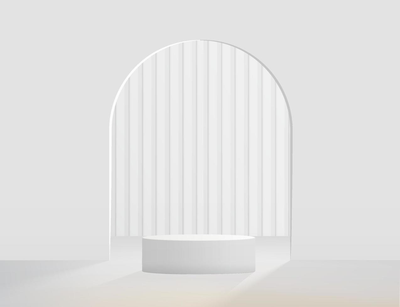 podium de piédestal de cylindre 3d réaliste blanc abstrait avec toile de fond en forme d'arche. plate-forme géométrique de rendu vectoriel abstrait avec superposition d'ombre. présentation de l'affichage du produit. scène minimale.