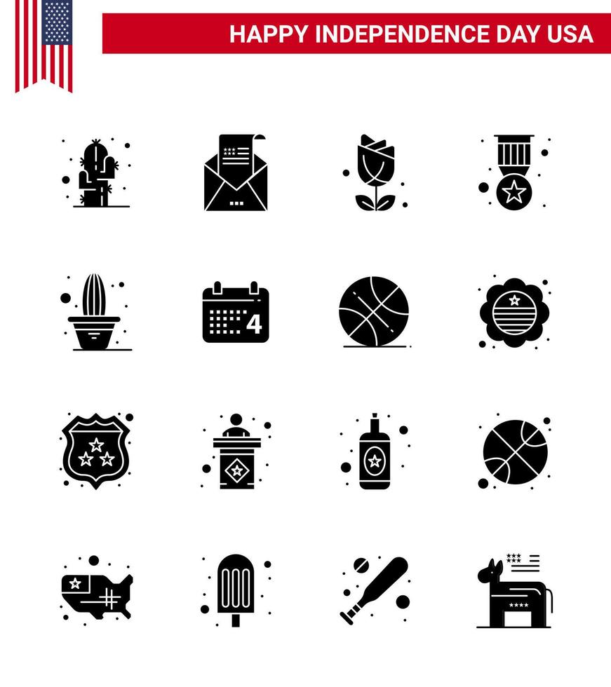 16 signes de glyphes solides pour le jour de l'indépendance des états-unis cactus médaille mail badge abondamment modifiables éléments de conception de vecteur de jour des états-unis