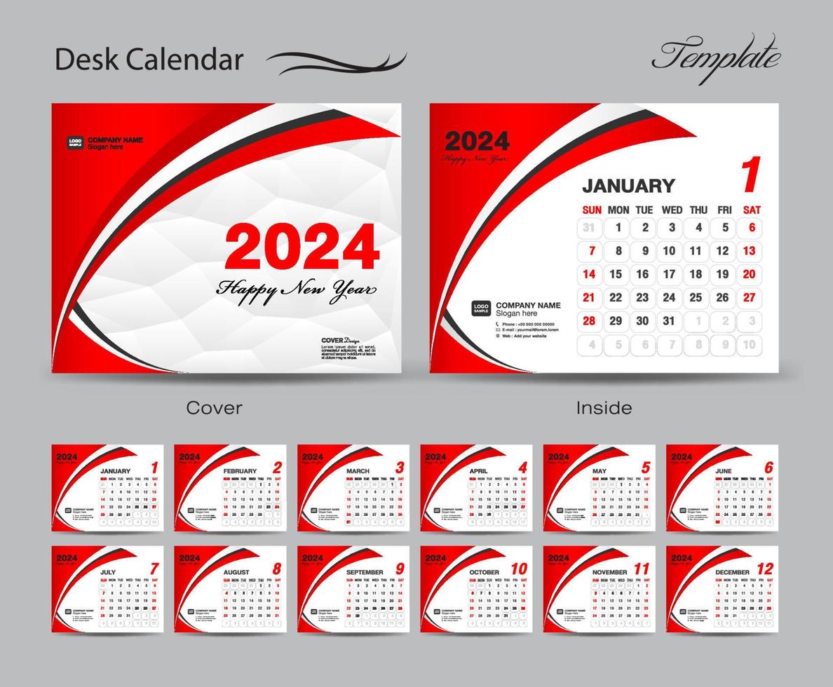 calendrier 2024 modèle ensemble vecteur, la semaine commence dimanche,  ensemble de 12 mois, calendrier de bureau 2024 année, calendrier mural 2024  mise en page, modèle d'entreprise, conception de papeterie, supports  d'impression, conception