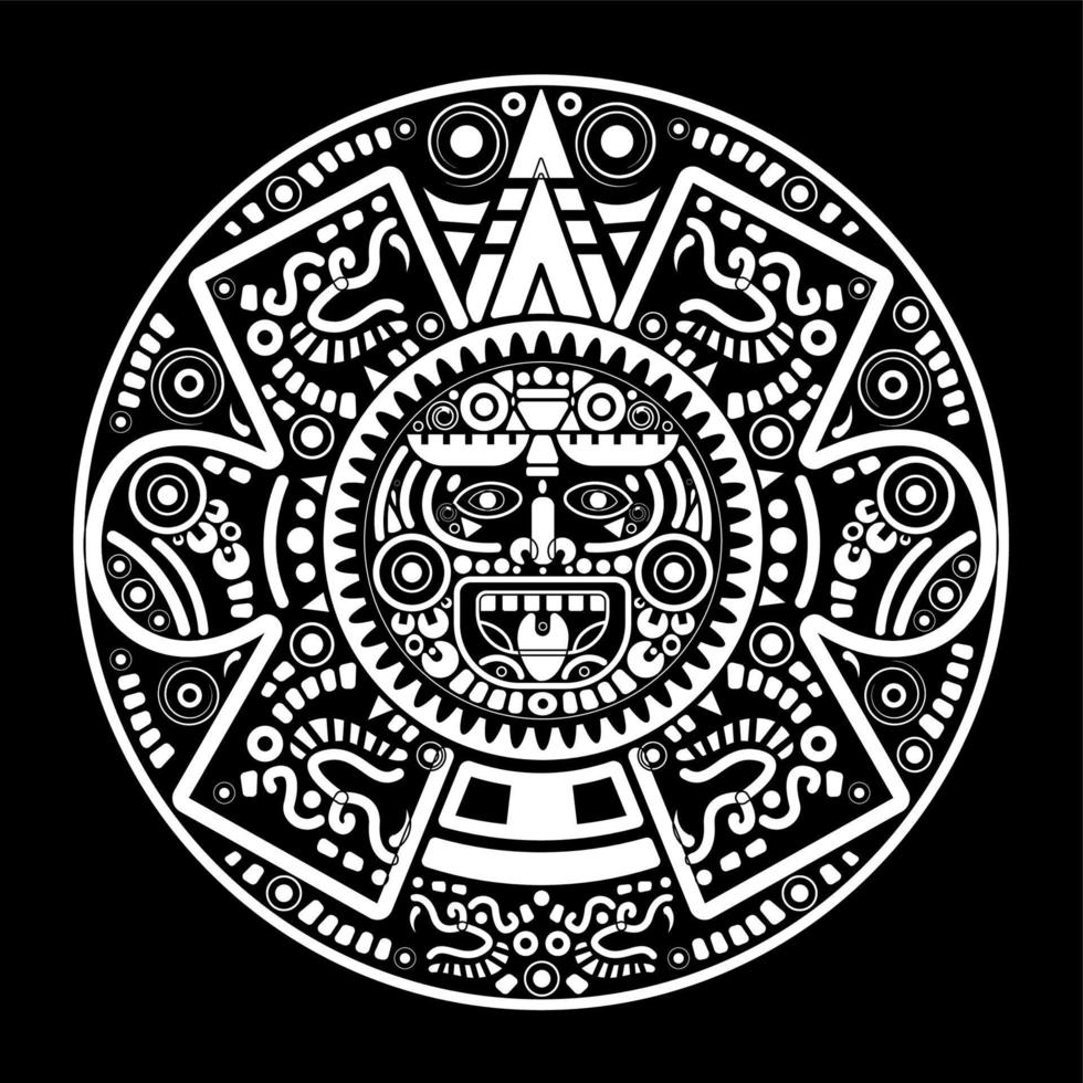 calendrier de la roue aztèque sacrée dieu du soleil maya, symboles maya masque ethnique, tatouage blanc bordure de cadre rond ancien logo icône illustration vectorielle isolée sur fond noir vecteur