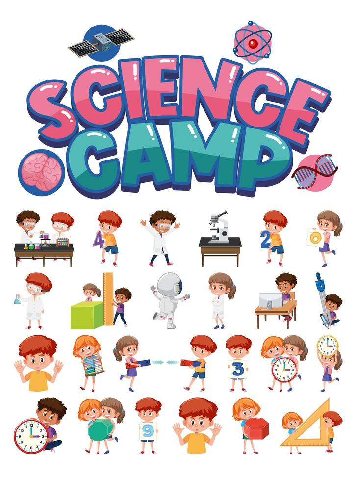 logo du camp scientifique et ensemble d & # 39; enfants avec des objets éducatifs isolés vecteur