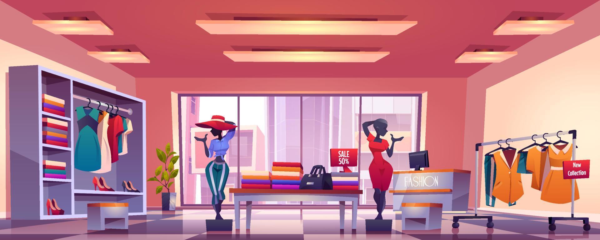 intérieur de magasin de mode avec comptoir et mannequins vecteur