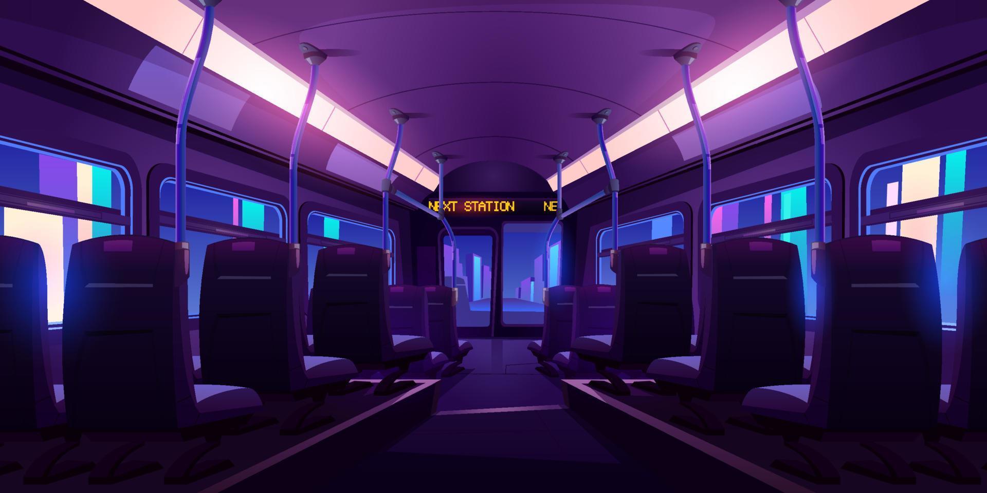 intérieur de bus ou de train vide avec des chaises la nuit vecteur